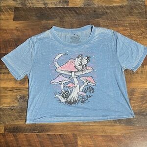 Light Blue Graphic Mushroom Tee with Pink Accents (M)